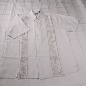 Centro Embroidered Men's Shirt White Short Sleeve Tropical Beach- Size L